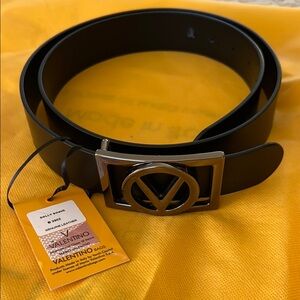 Authentic Valentino Black Leather Belt with gunmetal silver Buckle